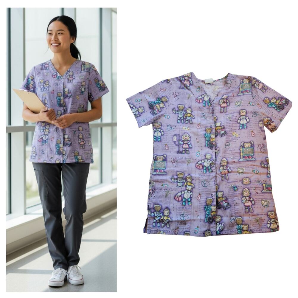 Simply Basic Womens Scrub Top Size XS/S Purple Snap Front Robot Nurse Pattern